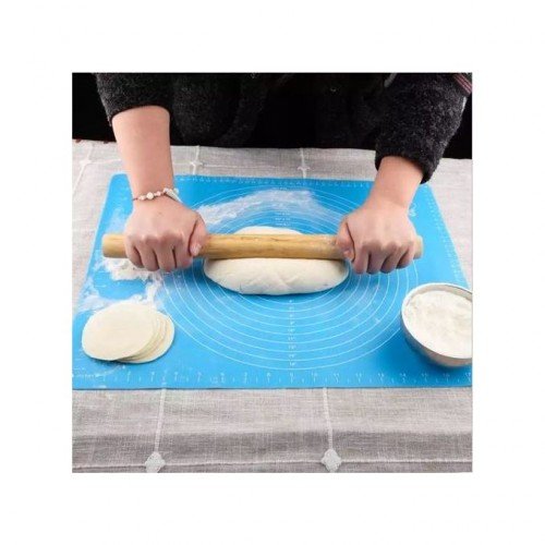 Rouleau à Pâtisserie En Silicone Avec Tapis De Cuisson - Set Antiadhésif Bleu, Manche En Bois, Pour Pizza, Biscuits, Pâtes